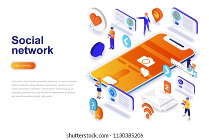 Social network modern flat design isometric concept. Communication and people concept. Landing page template. Conceptual isometric vector illustration for web and graphic design.