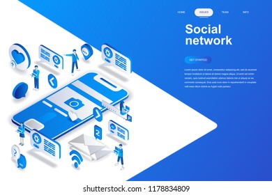 Social network modern flat design isometric concept. Communication and people concept. Landing page template. Conceptual isometric vector illustration for web and graphic design.