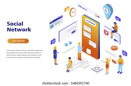 Social network modern flat design isometric concept. Communication and people concept. Landing page template. Conceptual isometric vector illustration for web and graphic design.