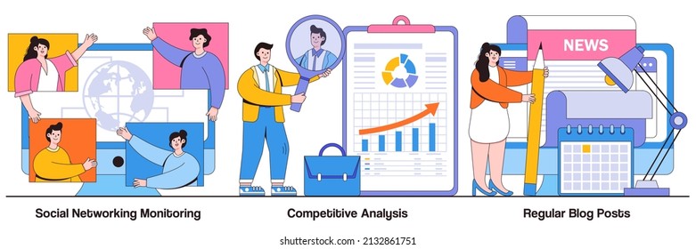 Social network monitoring, competitive analysis, regular blog posts concepts with people characters. Marketing and PR vector illustration pack. Brand reputation, startup business consultant metaphor.