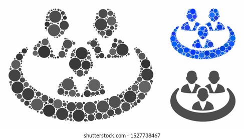 Social network mosaic of filled circles in variable sizes and color tinges, based on social network icon. Vector filled circles are organized into blue composition.