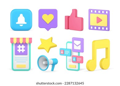 Social network multimedia communication cyberspace media internet entertainment set 3d icon realistic vector illustration. Digital message chat notification smartphone app community interaction alert