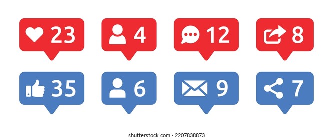 Social network notification icon set. Follower, like, love, comment, message and share button sign. Vector illustration.