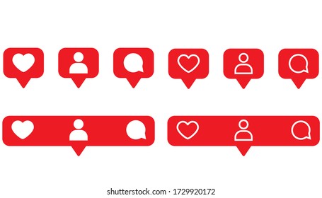 Social network notification icons. Isolated template of like, follow and comment symbols. Flat icons labels as heart shape in filled and outline design. Media share icons with user symbol. Vector EPS