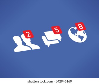 Social network notifications icons - Friends, Messages (Chats, Comments) and Notifications on screen. Idea - Internet friendship, communication, Online messaging, Social media services like Facebook.