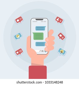 Social network notifications on mobile phone screen - new chat messages, new article likes and appreciations. Vector illustration in cartoon style.