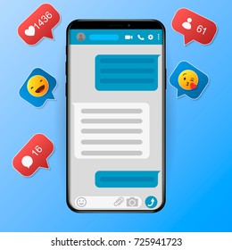 Social network notifications on mobile phone screen - new chat messages, new article likes and appreciations. Idea - Social networking