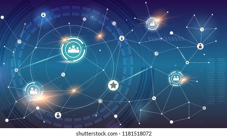 Social network on background of circular HUD UI. Global concept of communication symbols for interactive interaction. Concept of communication technology in social network.3D vector illustration