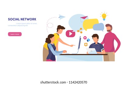 Social network. Online Community.  marketing content. Social media, like, share, e-mail. Flat cartoon illustration vector graphic on white background.