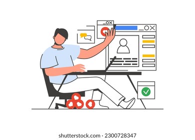 Social network outline web concept with character scene. Man browsing, likes photos in blog, comments. People situation in flat line design. Vector illustration for social media marketing material.