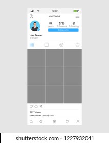 Social Network Seite, inspiriert von Insagram und anderen sozialen Ressourcen. Männliches Symbol. Vektorgrafik.