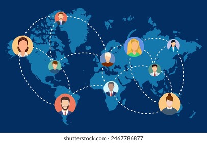 Mapa de colaboración de personas de redes sociales. Personas que se conectan en todo el mundo. Ilustración vectorial en estilo plano