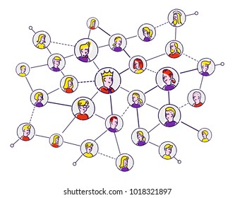 Social network, people communicate. Vector flat illustration. The icons are isolated on a white background. People of the profession. Marketing network. 