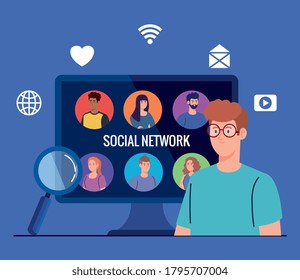 red social, personas conectadas en computador, interactivo, comunicativo y diseño global de ilustración de vector de concepto