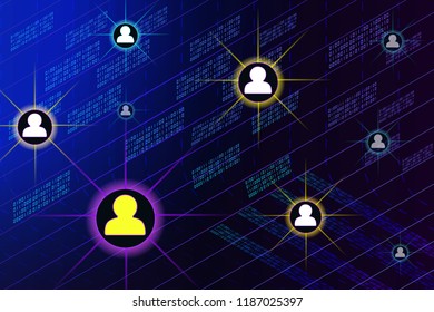 Social network, people connecting all over the world. Internet, communication and social media concept. Blue glowing data flow as binary numbers. Computer code representation. Cryptographic analysis
