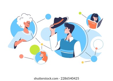 Social network of people connections, vector illustration. Several circles with different people in it connected to each other.