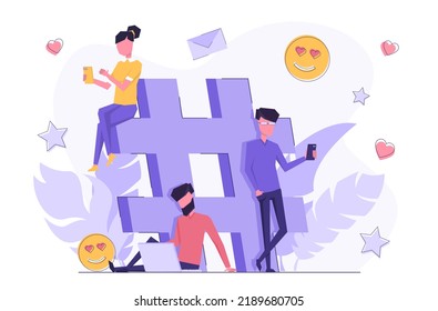 Social network. People sit in the background of the hashtag and interact on social media.