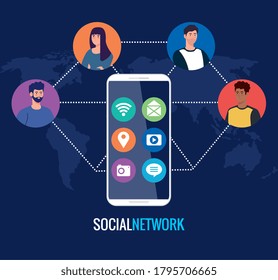 red social, personas con smartphone, conectadas para diseño digital, interactivo, de comunicación y de ilustración de vector de concepto global