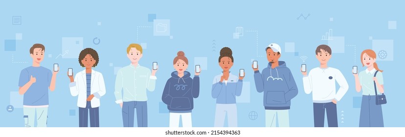 social network. People standing with mobile phones. flat design style vector illustration.