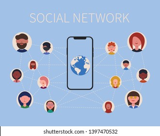 Social network. Phone with image of the planet. Internet connection with friends around the world. Flat vector illustration.