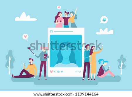 Social network photo post. Youngsters people posting selfie photos on smartphone. Social media bloggers photography account addiction vector networking concept illustration