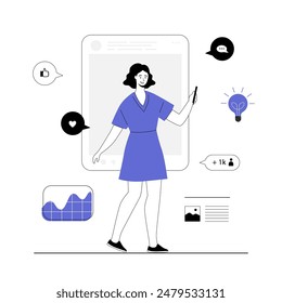 Social network. Popular blogger creates interesting content, gets emoji reactions, subscription, comments. Vector illustration with line people for web design.	
