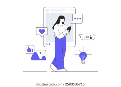 Social network. Popular blogger creates interesting content. Character Woman gets emoji reactions, subscription, comments. Flat Cartoon Vector Illustration, icon. Stylish abstract 