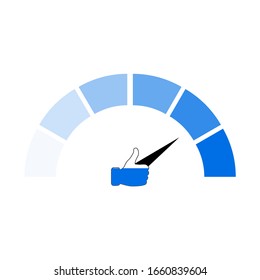 Social Network Popularity Indicator. Socialization level rate, social networking measurement, popularity ranking and gauge illustration. Vector like measure positive reputation