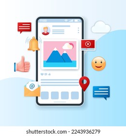 Social network post with floating elements banner. Like, video, bell, email, comments and emoji icons. Web vector illustration in 3D style