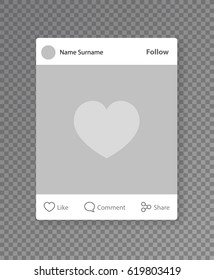Social network post photo frame. Liked photo mobile app post isolated on transparent background. Vector illustration