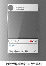 Social network post and photo frame. Glass design. Vector illustration.