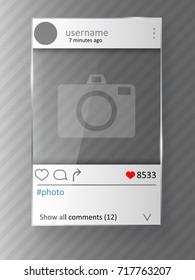 Social network post and photo frame. Glass design. Vector illustration.