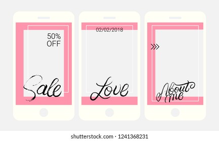 Social network post template. Stories pink set. Sale, love, about me hand written lettering. Vector illustration.