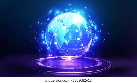 Social network, poster with digital neon hologram planet surrounded with floating social network elements on blue background