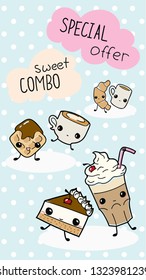 Social network poster template for cafe or coffee shop. Cute kawaii objects dancing together. Latte and cake, cacao and croissant, cappuchino and waffle. Hand drawn vector illustration.