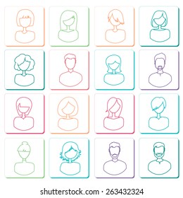 Social network private users avatar. Man and woman avatar linear icons. Vector illustration.