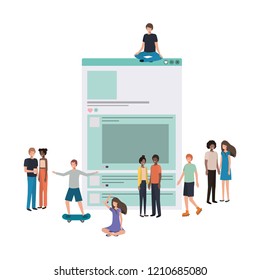 social network profile with groups of people walking avatar character
