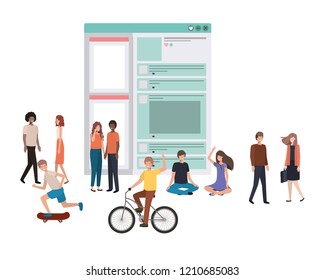 social network profile with groups of people walking avatar character