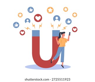Perfil de red social. Popularidad en Internet, chica atrae likes, followers y reacciona con gran imán, likes, corazones e íconos, atracción de la audiencia, promoción de contenido de dibujos animados concepto de Vector plano