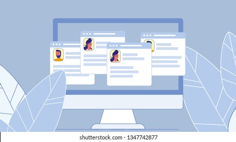 Social Network Profiles Flat Vector Illustration. Group Chat. Open Tabs on Screen. Computer Monitor. Messenger. Characters Communicating, Talking on Internet. Webinar. E-Mails, Messages. Chat Room