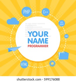 Social network programmer avatar. Place for your name. Template of the developer portfolio, banners, announcements, web sites and other projects. Vector illustration