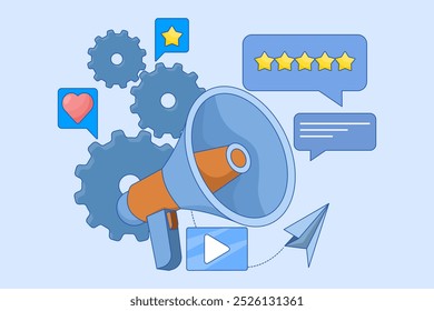 Social network promotion concept. Social media marketing, digital promotion campaign, web analytics, SMM strategy, chatbot, video broadcast, stories. Like comment share give. Flat vector illustration.