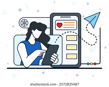 Social network promotion concept. Woman using smartphone to share of cross posting in social media. Media promotion, advertising, comment and like, digital marketing, smm and post sharing. 