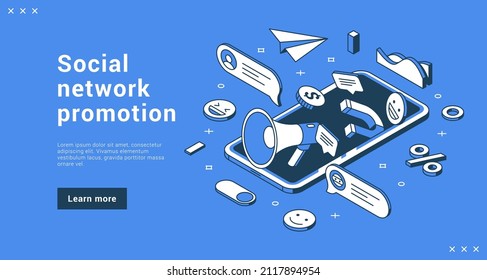 Social network promotion digital marketing service internet banner landing page isometric vector illustration. Customer feedback, user review, online survey advertising for web site media management