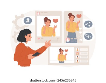 Ilustración vectorial de concepto aislado de promoción de redes sociales. Prensa como Botón, comentario y compartir, followers, estrategia de redes sociales, promoción de medios, concepto de Vector de marketing digital.