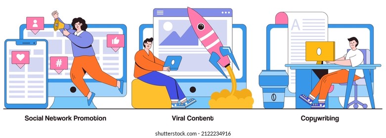 Promoción de redes sociales, contenido viral, concepto de copywriter con personajes de la gente. Conjunto de ilustraciones vectoriales abstractas de tipos de marketing digital. SMM, metáfora de publicidad en línea de influencia.