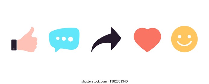 Social network rating icons: Thumbs up, with post, comment, Share, Repost, comment, heart and smile set flat icons. Social media icon. Emoji reactions. Social network signs. Vector illustration.