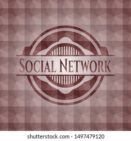 Social Network red emblem or badge with geometric pattern background. Seamless.