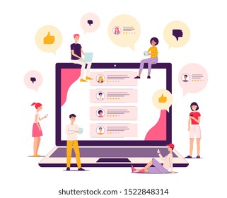 Social network reviews and comments from customers. Customer feedback from men and women with laptop and smartphone, isolated flat vector illustration.