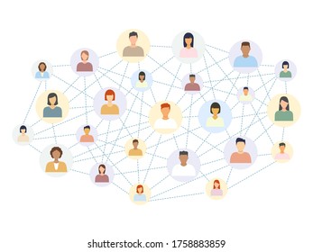 Social network scheme connecting multicultural people. Abstract social network world connect people icons relationship vector illustration isolated on white.